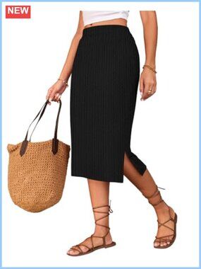 Cable Knit Midi Skirt High Waisted Side Slit Work Office Long Skirt